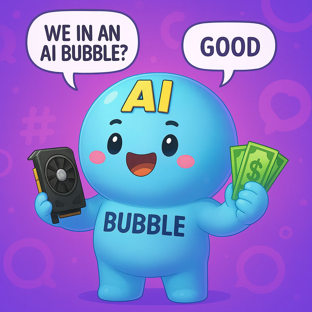 AI Bubble mascot holding a GPU and dollar bills